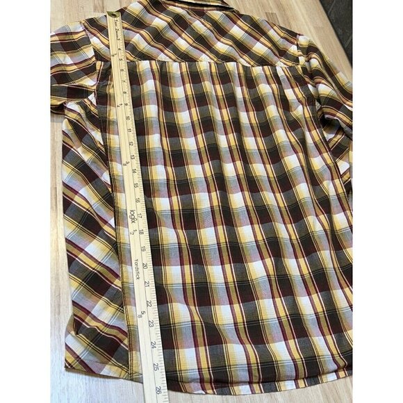 PrAna Shirt Mens Small Pearl Snap Plaid Short Sleeve Brown Yellow Maroon Casual - Picture 11 of 12